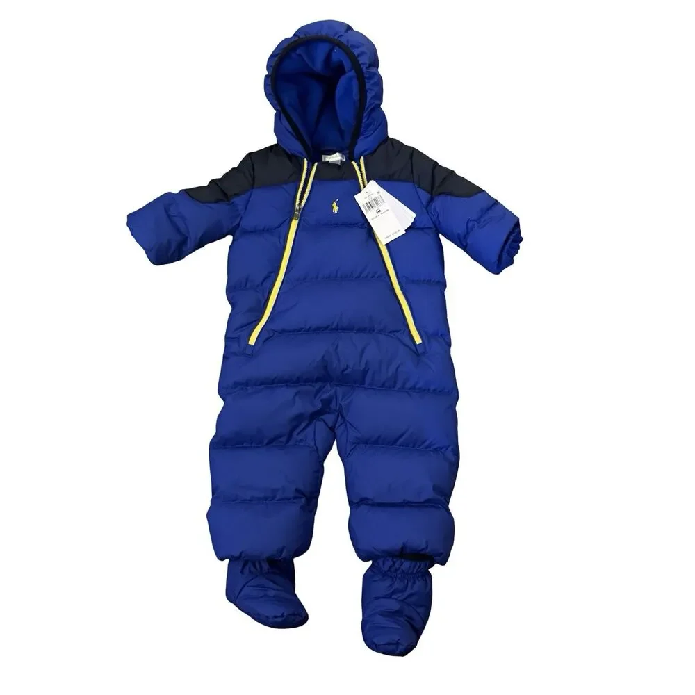 NWT Ralph Lauren Baby Snowsuit Blue, Hooded, 9 Months $195 Yellow‎ Pony